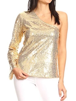 Anna-Kaci Women's Long Sleeve One Shoulder Sequin Party Top Blouse Sparkly Shirts