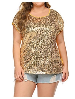 IN'VOLAND Women's Sequin Tops Plus Size Round Neck Sparkle Top Shimmer Glitter Short Sleeve T-Shirt Tunic Blouse