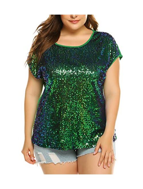 IN'VOLAND Women's Sequin Tops Plus Size Round Neck Sparkle Top Shimmer Glitter Short Sleeve T-Shirt Tunic Blouse