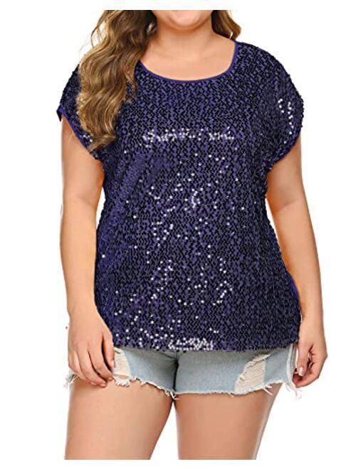 IN'VOLAND Women's Sequin Tops Plus Size Round Neck Sparkle Top Shimmer Glitter Short Sleeve T-Shirt Tunic Blouse