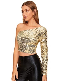 Women's One Shoulder Glitter Sequin Crop T-Shirt Top