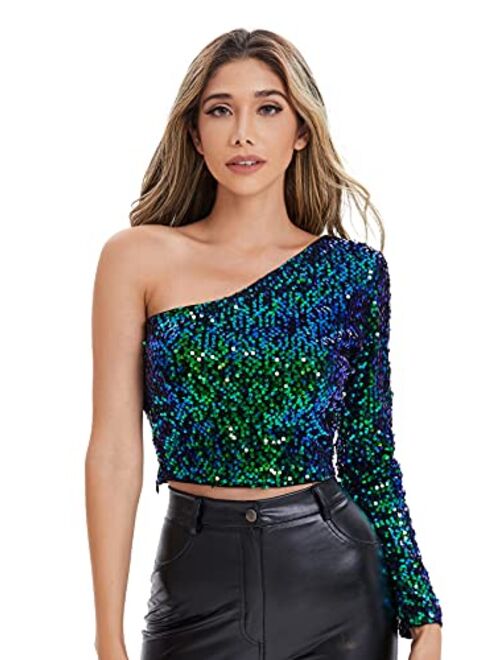 Verdusa Women's One Shoulder Glitter Sequin Crop T-Shirt Top