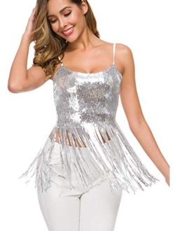 VVMCURVE Women's Sparkly Sequin Tassel Belly Dance Cocktail Costume Party Clubwear Tank Tops