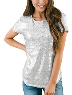 Spadehill Womens Full Sequin Sparkle Tops Glitter Short Sleeve Party Shirt S-3X