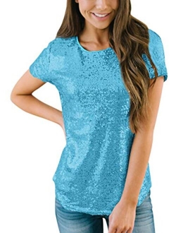 Spadehill Womens Full Sequin Sparkle Tops Glitter Short Sleeve Party Shirt S-3X