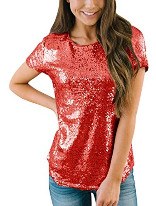 Spadehill Womens Full Sequin Sparkle Tops Glitter Short Sleeve Party Shirt S-3X