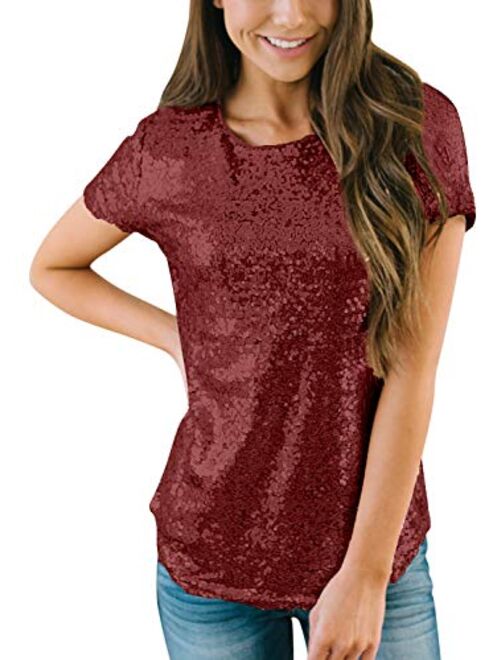 Spadehill Womens Full Sequin Sparkle Tops Glitter Short Sleeve Party Shirt S-3X