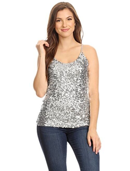 Anna Kaci Anna-Kaci Womens Shimmer Sequins Club Spaghetti Strap Camisole Vest Tank Tops