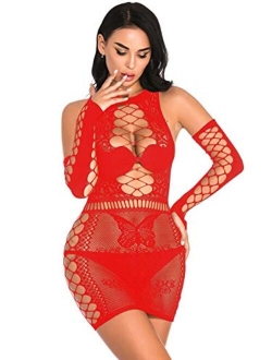 Barode Sexy Lingerie Teddy Bodysuit Fishnet Lingerie Sets Women's Outfit Babydoll Mesh Hole Chemise With Gloves Lace Stockings Sleepwear (Black)