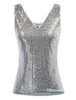 Women's Sleeveless Sparkle Sequin Tops V-Neck Cami Sexy Club Tank Top