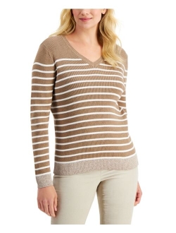 Karen Scott Jenny Striped Rib V-Neck Sweater, Created for Macy's