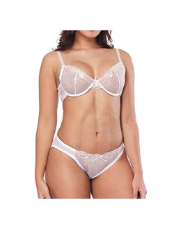 HWDI Women's Underwired See Through Sheer Bra and Panties Mesh Unlined Sexy Floral Lace Bralettes Plus Size