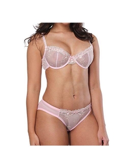 HWDI Women's Underwired See Through Sheer Bra and Panties Mesh Unlined Sexy Floral Lace Bralettes Plus Size