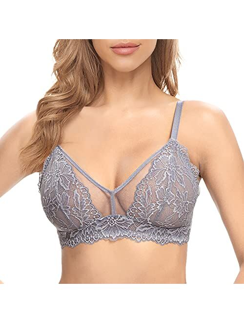 GARMERA Lace Bralette for Women Wirefree Sheer Bra Non Padded See Through Unlined Soft