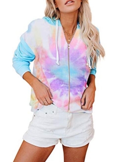 BLENCOT Women's Lightweight Tie Dye Hoodie Sweatshirts Casual Long Sleeve Pullover Hooded Tops