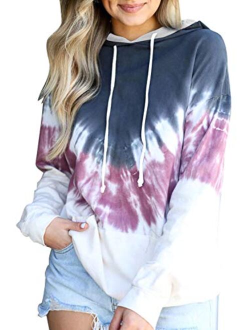 AZOKOE Women Tie Dye Hoodie Sweatshirts Casual Oversized Drawstring V Neck Loose Pullover Top with Pockets