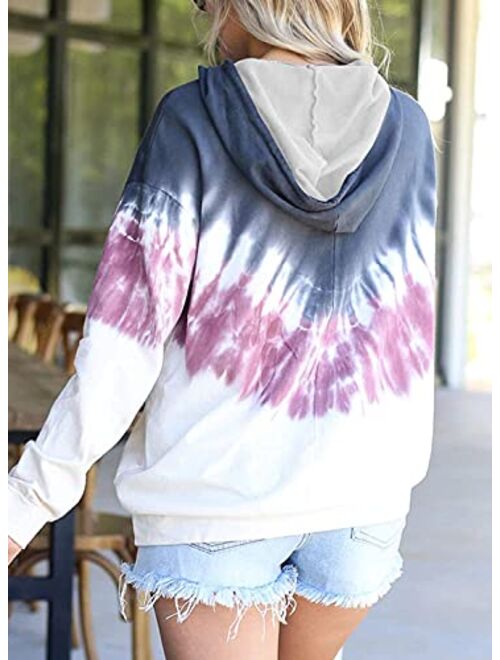 AZOKOE Women Tie Dye Hoodie Sweatshirts Casual Oversized Drawstring V Neck Loose Pullover Top with Pockets