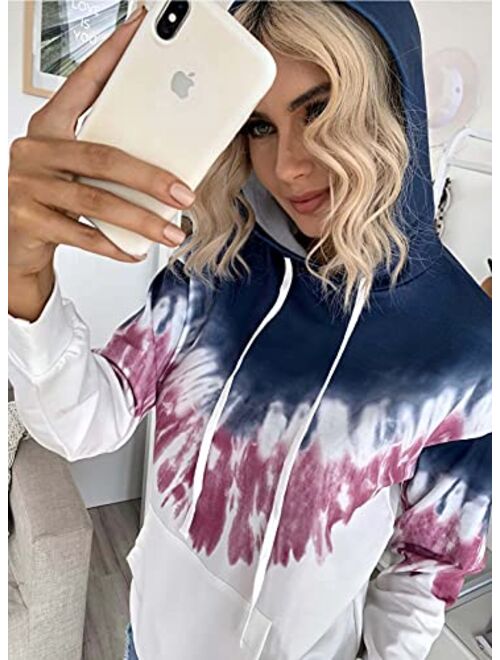 AZOKOE Women Tie Dye Hoodie Sweatshirts Casual Oversized Drawstring V Neck Loose Pullover Top with Pockets