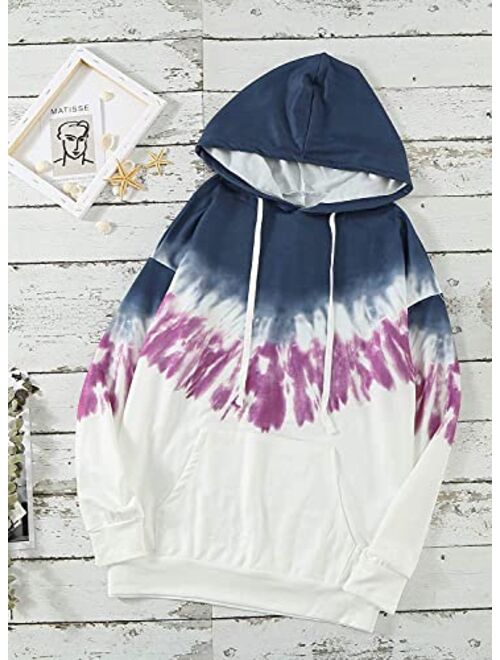 AZOKOE Women Tie Dye Hoodie Sweatshirts Casual Oversized Drawstring V Neck Loose Pullover Top with Pockets