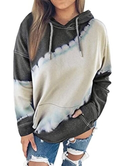 Eytino Women Hoodies Tops Tie Dye Printed Long Sleeve Drawstring Pullover Sweatshirts with Pocket(S-XXL)