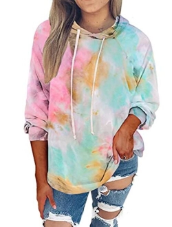 Eytino Women Hoodies Tops Tie Dye Printed Long Sleeve Drawstring Pullover Sweatshirts with Pocket(S-XXL)