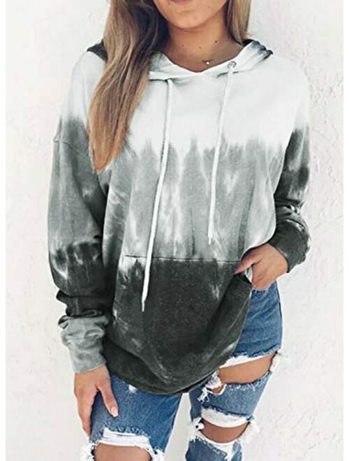 Eytino Women Hoodies Tops Tie Dye Printed Long Sleeve Drawstring Pullover Sweatshirts with Pocket(S-XXL)