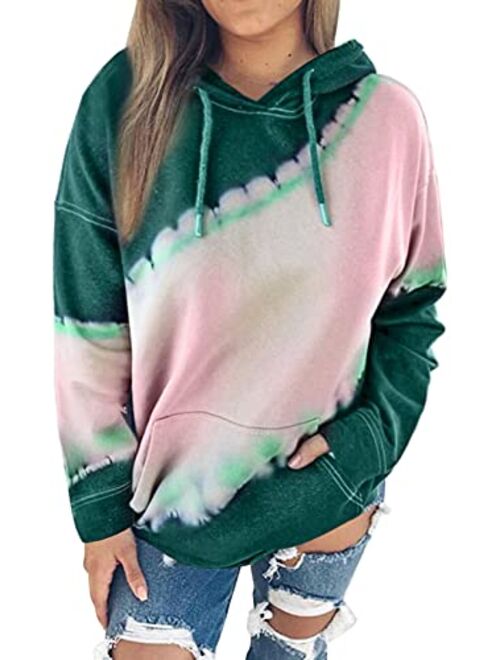 Eytino Women Hoodies Tops Tie Dye Printed Long Sleeve Drawstring Pullover Sweatshirts with Pocket(S-XXL)