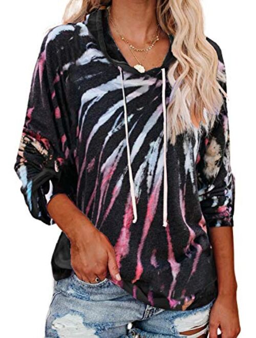 ROSKIKI Womens Casual Long Sleeve Hoodies Pullover Sweatshirt Colorblock Tie Dye Print Tops