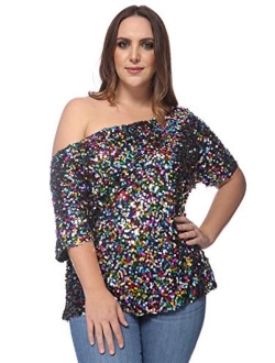 Anna-Kaci Women's Plus Size Sequin One Shoulder Short Sleeve Party Top