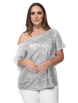 Anna-Kaci Women's Plus Size Sequin One Shoulder Short Sleeve Party Top