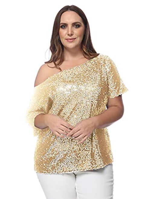 Anna Kaci Anna-Kaci Women's Plus Size Sequin One Shoulder Short Sleeve Party Top