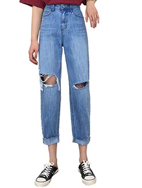 Anna Kaci Anna-Kaci Womens Ripped Boyfriend Jeans High Waisted Frayed Knee Holes Distressed Baggy Crop Denim Pants