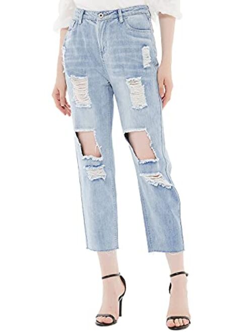 Anna Kaci Anna-Kaci Womens Ripped Boyfriend Jeans High Waisted Frayed Knee Holes Distressed Baggy Crop Denim Pants