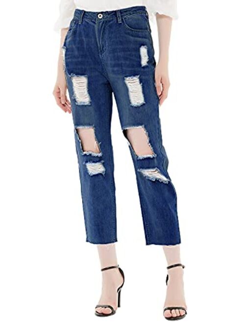 Anna Kaci Anna-Kaci Womens Ripped Boyfriend Jeans High Waisted Frayed Knee Holes Distressed Baggy Crop Denim Pants