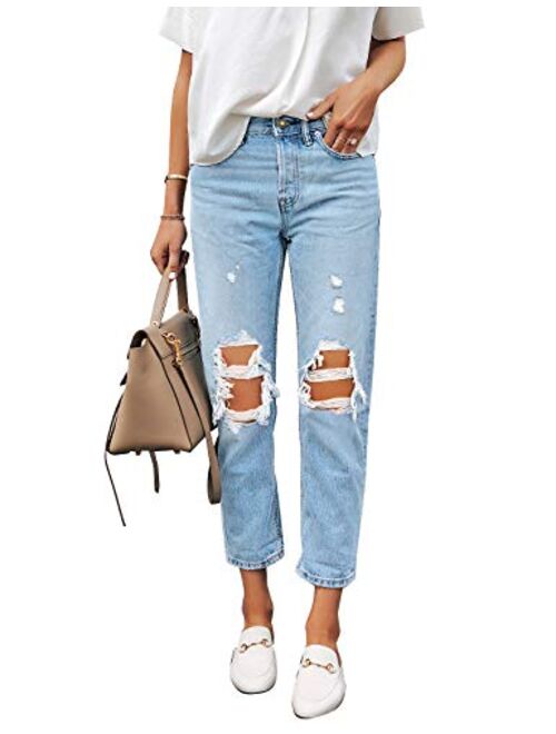 Utyful Women's High Waist Relaxed Fit Ripped Distressed Jeans Straight-Leg Mom Denim Pants