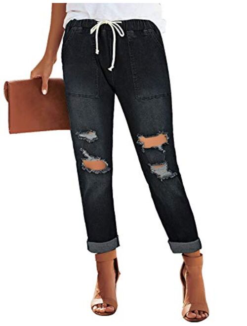 Utyful Women's High Waist Relaxed Fit Ripped Distressed Jeans Straight-Leg Mom Denim Pants