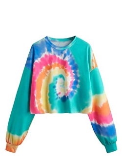 Women's Tie Dye Long Sleeve Workout Crop Top Sweatshirt Hoodies