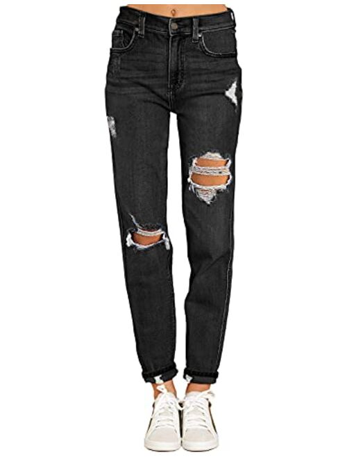 luvamia Women's Casual Ripped Jeans Elastic Waist Slim Boyfriend Jeans Denim Pants