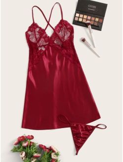 Contrast Lace Satin Dress With Thong