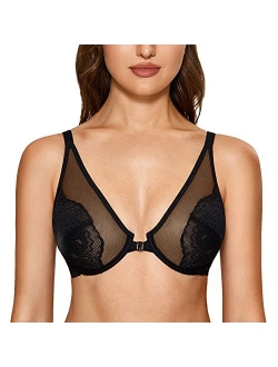 DOBREVA Women's Plunge lace Bra Minimizer Plus Size Front Closure Bras See Through