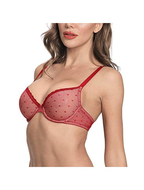 Women's Sexy Sheer Lace Unlined Mesh Demi Non Padded See Through Plunge Underwired Unpadded Bra