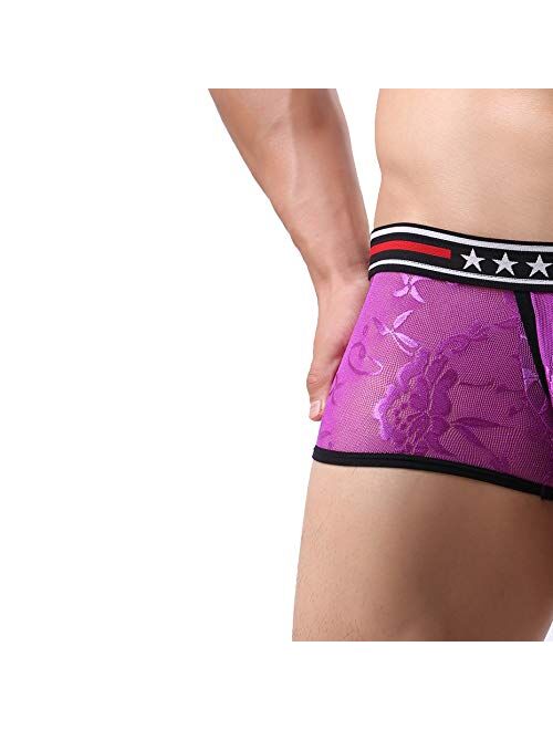 Sheii Mens Boxer Briefs Soft Mesh Breathable Underpants Men's Sexy Underwear Cool Design See-Through Trunks Pack