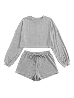 Women's 2 Piece Lounge Sets Rib Knit Crop Top & Shorts Sweater Sweatsuit