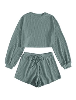 Women's 2 Piece Lounge Sets Rib Knit Crop Top & Shorts Sweater Sweatsuit