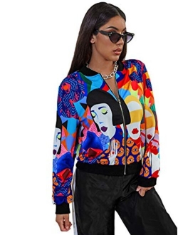 Women's Long Sleeve Floral Print Baseball Bomber Jacket