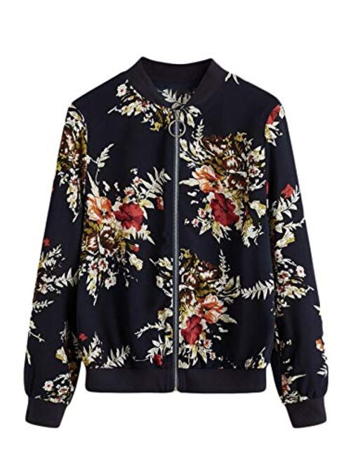 MakeMeChic Women's Long Sleeve Floral Print Baseball Bomber Jacket