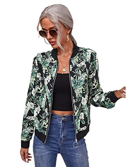 MakeMeChic Women's Long Sleeve Floral Print Baseball Bomber Jacket