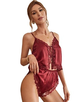 Women's Sleeveless Satin Lace Trim Lingerie Set 2 Piece Cami and Shortie