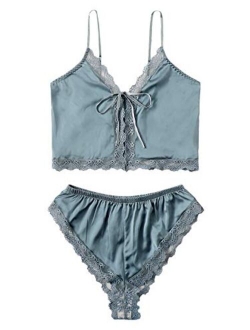 Women's Sleeveless Satin Lace Trim Lingerie Set 2 Piece Cami and Shortie