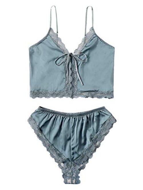 SheIn Women's Sleeveless Satin Lace Trim Lingerie Set 2 Piece Cami and Shortie